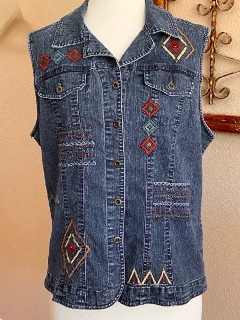 Vest - Denim - Women’s 14 - Collared - Alfred Dunner - SW Embroidered /Beaded